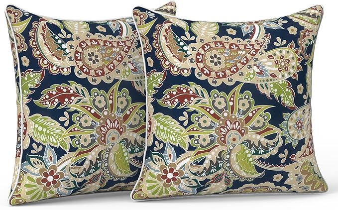 LVTXIII Outdoor Pillow Covers Set of 2, Patio Waterproof Throw Pillow Cases Fade Resistant Accent Pillow Covers for Spring Summer Garden Decoration, 16x16, Paisley Sapphire Blue