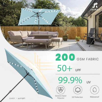 JEAREY 6.5x10' Rectangle LED Lighted Umbrella Patio Umbrella Outdoor w/Tilt | Solar Market Umbrellas with 6 Sturdy Ribs, UV Protection Waterproof Sunproof for Pool, Deck, Backyard(Lake Blue)