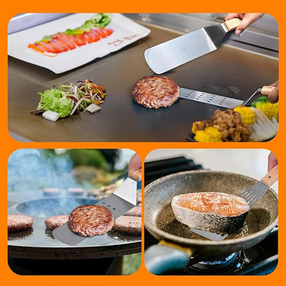 Griddle Spatula Set of 3, Stainless Steel Metal Spatulas for Flat Top Grill, BBQ Turner Set with Wooden Handles, Solid & Slotted Pancake Flippers for Smash Burgers, Fish, Teppanyaki and Cast Iron