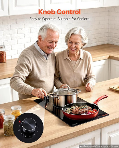 VEVOR Electric Cooktop 12in 2 Burners Portable Stove Top 1800W 120V Plug In, Ceramic Countertop/Built-in Radiant Electric Stove, with 11 Power Levels, Over-Heat Guard, Knob Control