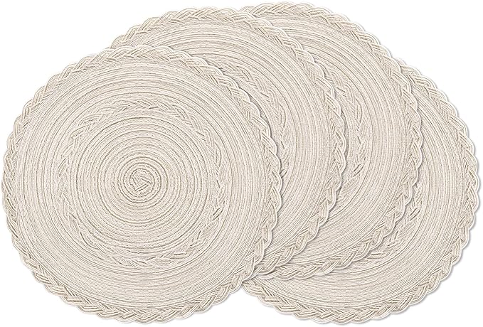 SHACOS Round Placemats Set of 4 Boho Braided Border Table Place Mats for Dining Table Wedding Holiday Party (Ivory Bordered, 4)