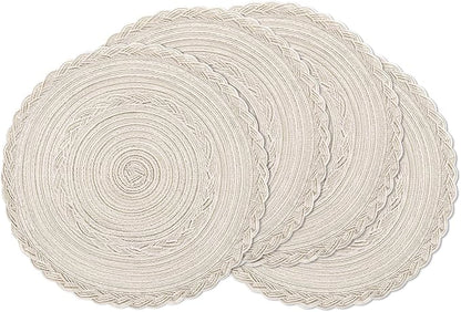 SHACOS Round Placemats Set of 4 Boho Braided Border Table Place Mats for Dining Table Wedding Holiday Party (Ivory Bordered, 4)