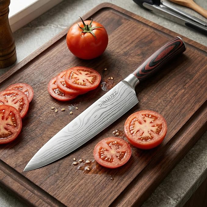 DiiHAUZZ 8 Inch Chef Knife, High Carbon Stainless Steel - Ultra Sharp Kitchen Gyutou Knife for Slicing Meat, Dicing Vegetables and Daily Meal Prep, Ergonomic Handle with Sheath, Fathers Day Gift