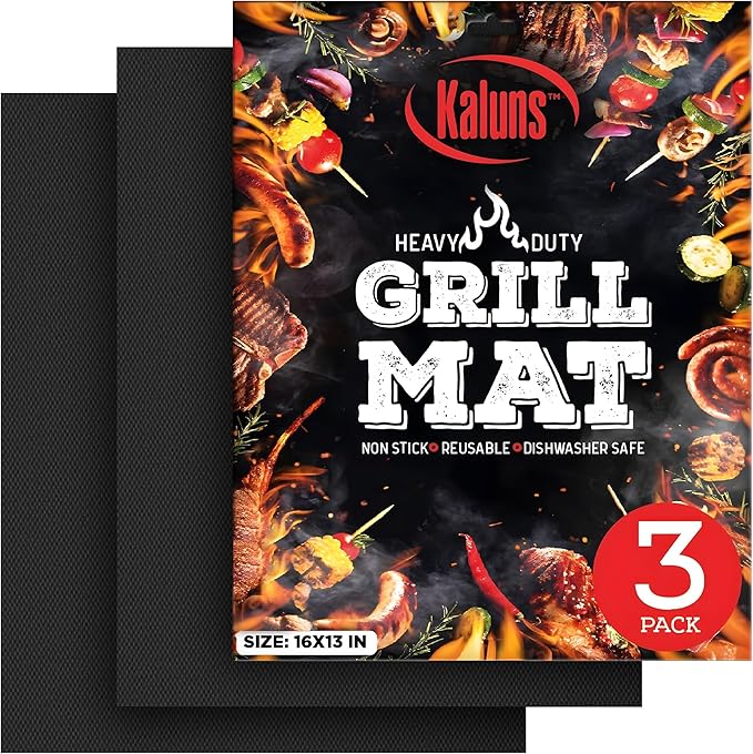 Kaluns Grill Mats For Outdoor Grill, Non Stick Grill Mat Reusable Mats for Gas, Charcoal, Electric Grills Set of 3 PTFE Teflon Barbeque Accessories - 16 x13 Inch