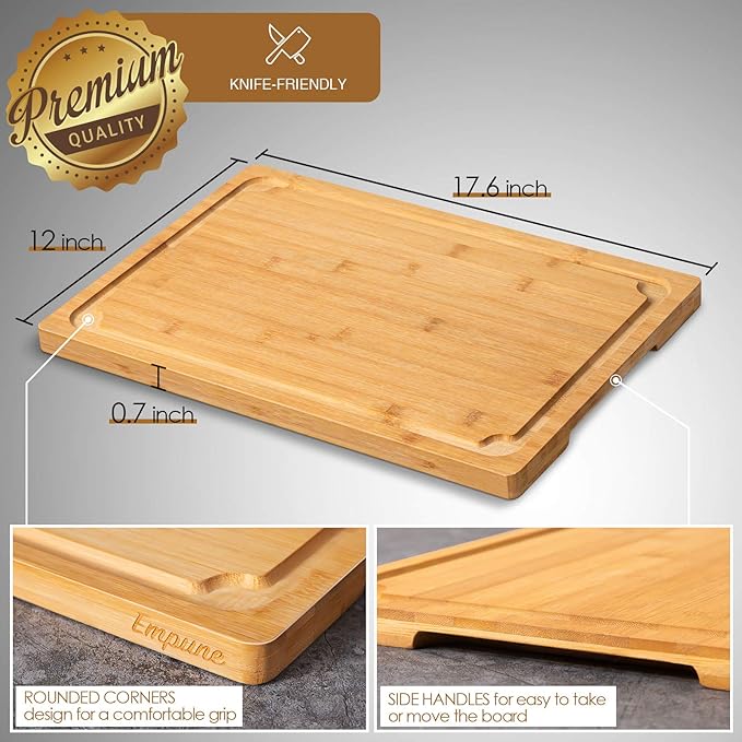 Extra Large Cutting Board, 17.6" Bamboo Cutting Boards for Kitchen with Juice Groove and Handles Kitchen Chopping Board for Meat Cheese board Heavy Duty Serving Tray, XL, Empune (Pack of 2)