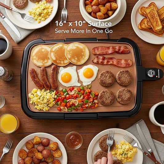 OVENTE Electric Griddle with 16 x 10 Inch Flat Non-Stick Cooking Surface, Removable and Adjustable Temperature Control, Indoor Grill for Instant Breakfast, Pancakes, Eggs or Burgers, Copper GD1610CO
