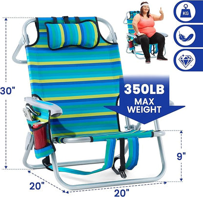 Portable Recliners Chair for Adults, Outdoor Camping Chair Lay Flat Folding Backpack Reclining Chair with 5 Positions, Headrest, Zipper Pouch, Cup Holder, NEW Srtiped