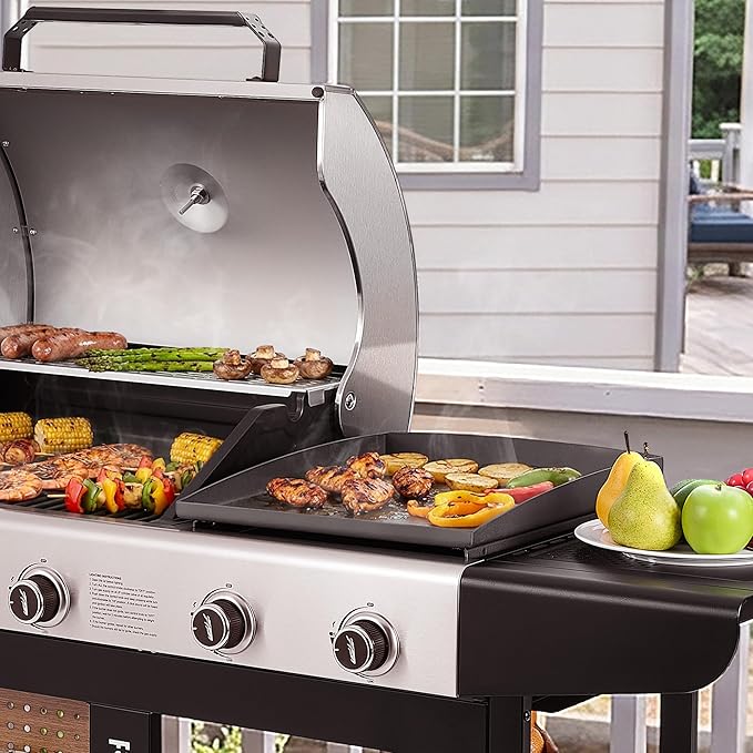 BP1501 Griddle Top and Grease Cup Combo, Ceramic-Coated Griddle Pan, Flat Griddle Gas Grill Pan with Grease Cup, 259 Sq. In. Nonstick Cooking Area, Durable for Outdoor Grilling
