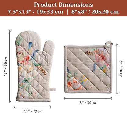 Maison d' Hermine 100% Cotton Oven Mitt & Pot Holder Set (7.5"x13" & 8"x8") Heat Resistant BBQ Cooking Gloves with Loop Baking Grilling Kitchen Hotel Home Farmhouse Spring Summer (Ibiza - Beige)