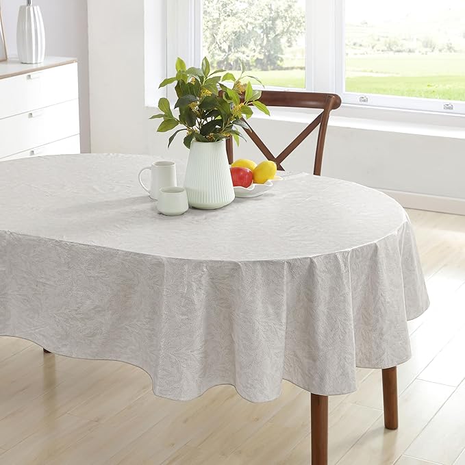 Newbridge Napa Leaf Beige Vinyl Flannel Backed Tablecloth, 60 x 102 Inch Oval, Hotel Quality Waterproof Indoor Outdoor Table Cover for Kitchen, Patio, Dining, BBQ