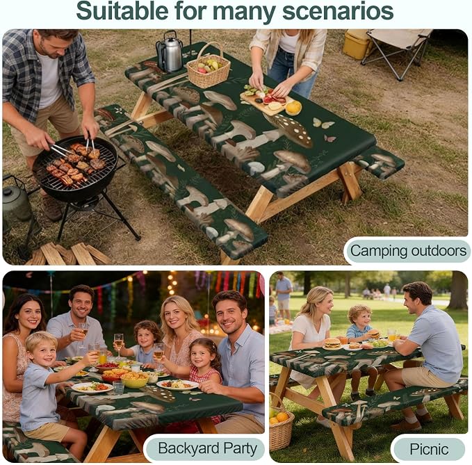 Picnic Table Cover with Bench Covers Camping Essentials Waterproof Windproof Camping Tablecloth with Drawstring Bag, Fitted Rectangle Tables and Seats, 72in, Dark Green Mushroom