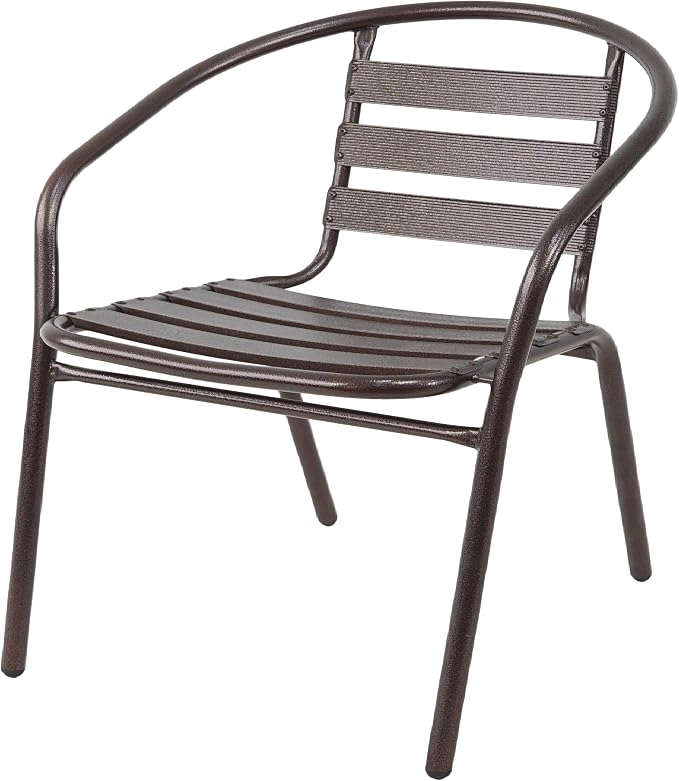Indoor Outdoor 23.75" Restaurant Stainless Steel Aluminum Metal Slat Stack Commercial Lightweight, 3 Chairs with a Round Table, Silver/Bronze