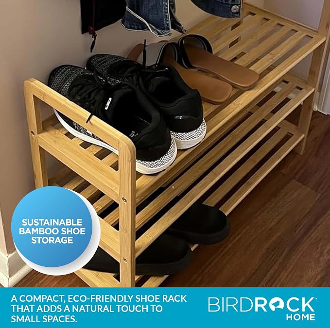 BIRDROCK HOME Bamboo Shoe Rack Organizer for Entryway, Closet, or Front Door - Stackable Wooden Storage Shelf for Small Spaces, Indoor or Outdoor, Decorative Brown Madera - Elegant, Simple - 3 Tier