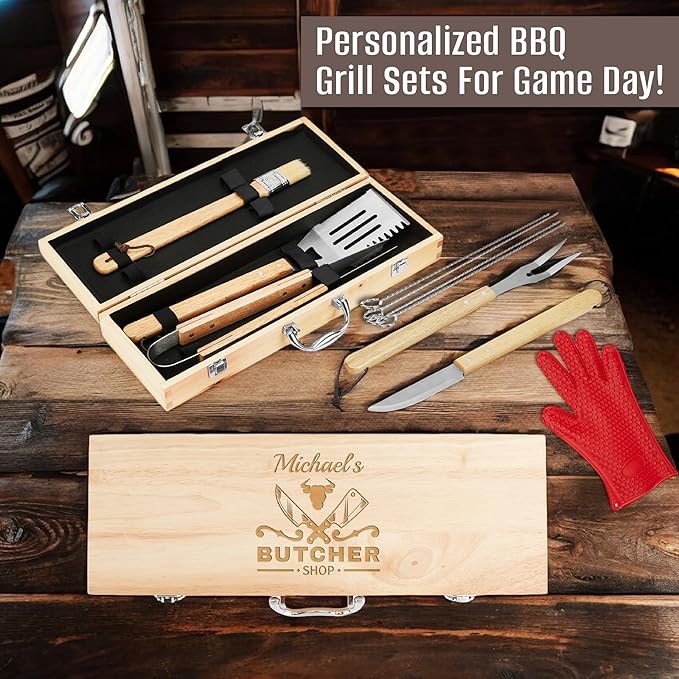 Personalized 11 Pcs Tailgating BBQ Grill Accessories Set Premium Stainless Steel Grilling Tools for Outdoor Cooking, Camping, Mancave, Backyard, Gifts for Men, Smoker Gift Ideas