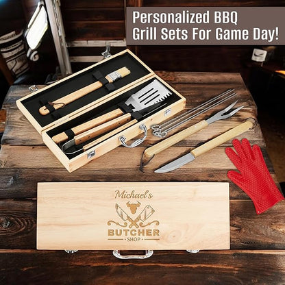Personalized 11 Pcs Tailgating BBQ Grill Accessories Set Premium Stainless Steel Grilling Tools for Outdoor Cooking, Camping, Mancave, Backyard, Gifts for Men, Smoker Gift Ideas