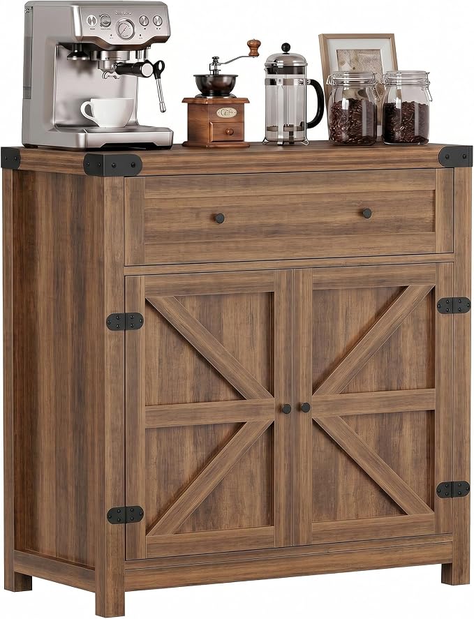YESHOMY Kitchen Storage Cabinet, Coffee Bar Cabinet, Farmhouse Sideboard Buffet with Storage, Barn Door Accent Cabinet with a Drawer and Adjustable Shelf for Dining Room, Entryway, Brown, 1PCS