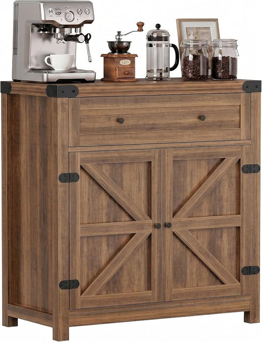 YESHOMY Kitchen Storage Cabinet, Coffee Bar Cabinet, Farmhouse Sideboard Buffet with Storage, Barn Door Accent Cabinet with a Drawer and Adjustable Shelf for Dining Room, Entryway, Brown, 1PCS