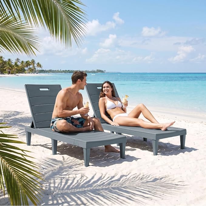 Greesum 2-Pack Adjustable Chaise Lounges, Grey | 5-Pos Recline, Waterproof PP, UV-Resist, Easy-Clean, for Pool/Patio/Beach, Tool-Free