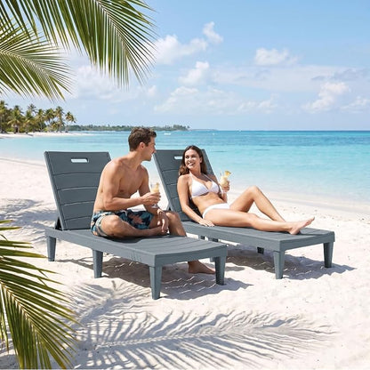 Greesum 2-Pack Adjustable Chaise Lounges, Grey | 5-Pos Recline, Waterproof PP, UV-Resist, Easy-Clean, for Pool/Patio/Beach, Tool-Free