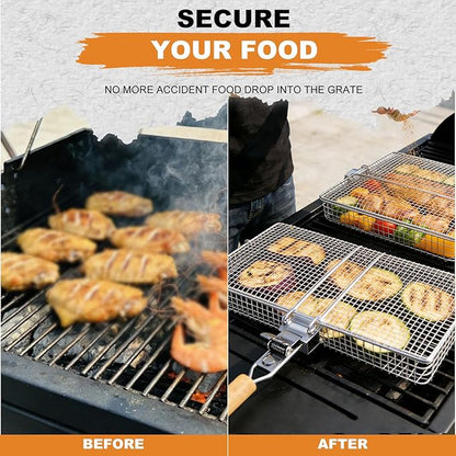WILLBBQ Grill Basket Set for Camping Outdoor BBQ, Includes 2 Sizes, Removable Divider, Basting Brush, Folding Portable Wooden Handles, Stainless Steel Fish Grilling Veggie Meat Baskets (Silver)