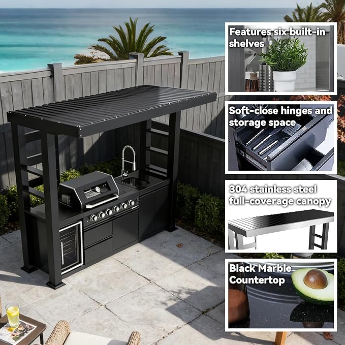 110-Inch 4-Burner 72000 BTU Propane Gas Grill Island with Shed, 304 Stainless Steel Black, Outdoor Kitchen with Wine Cooler, Rotisserie & Granite Countertops for Backyard BBQ, Black