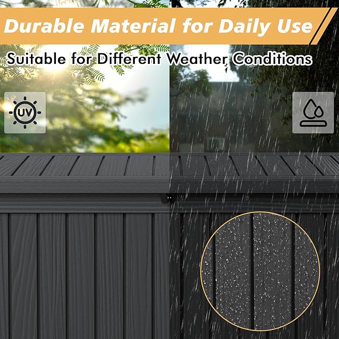 Fancyango 150 Gallon Outdoor Deck Box Waterproof, Large Storage Box for Patio, Resin Storage Bench Lockable for Garden Tools, Package Delivery, Black