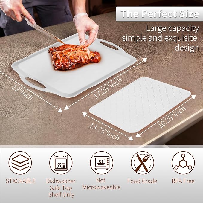 LEHAHA Large White Melamine Serving Tray with Handles,17.5 x 12 in Rectangular Melamine Serving Platter, Set of 2, Dishwasher Safe Trays for Eating, Appetizer, Charcuterie, Slicon Mats Included