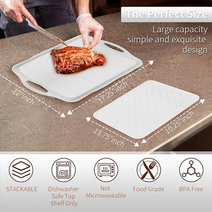 LEHAHA Large White Melamine Serving Tray with Handles,17.5 x 12 in Rectangular Melamine Serving Platter, Set of 2, Dishwasher Safe Trays for Eating, Appetizer, Charcuterie, Slicon Mats Included