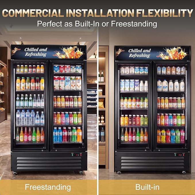 Velivi Commercial Beverage Refrigerator, Double Glass Door Display Cooler, Upright Drink Merchandiser with LED Lighting, Auto Closing Doors