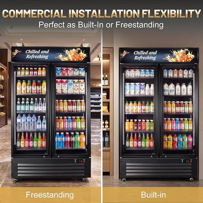 Velivi Commercial Beverage Refrigerator, Double Glass Door Display Cooler, Upright Drink Merchandiser with LED Lighting, Auto Closing Doors