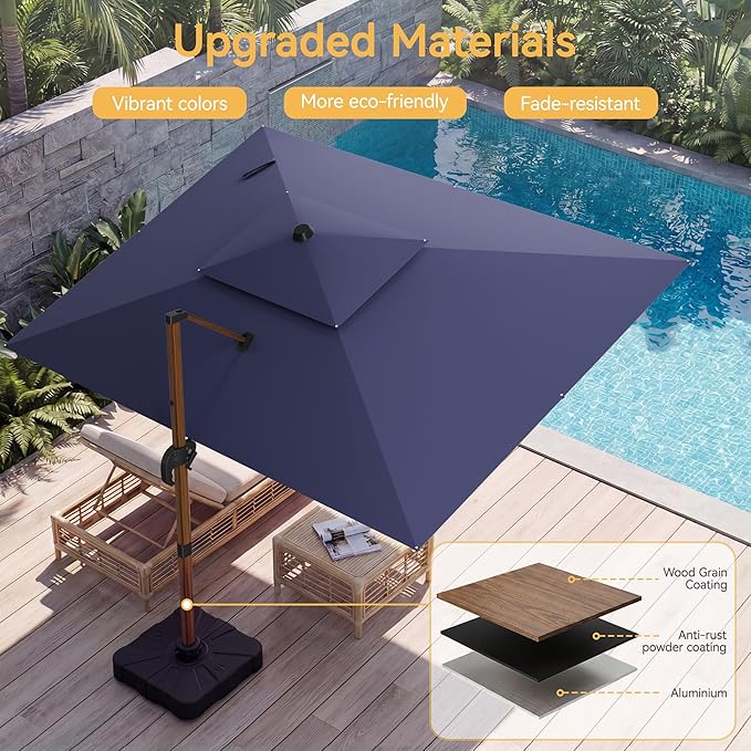 10x13 FT Wood Pattern Patio Umbrella with Base, Large Deluxe Cantilever Rectangular Double Top Heavy Duty Offset Umbrellas with 360° Rotation, Outdoor shade for Garden Pool Patio, Navy
