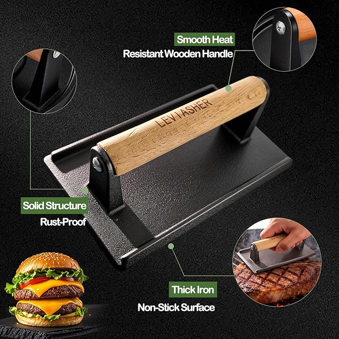 2Pack 2.3lb Steak Weight & Burger Press, Grid Base, 7" Round 7"X4" Rectangle Heavy Duty Cast Iron Grill Press with Wood Handle for Blackstone, Chef, Camp, Panini, Vegetable, Bacon, Sandwich, BBQ