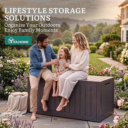 YITAHOME 100 Gallon Large Outdoor Deck Box, Waterproof Resin Storage Box, Lockable Indoor Outdoor Storage Container for Patio Furniture Cushions, Pool Accessories, Garden Tools, Dark Brown