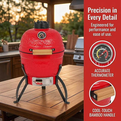Ceramic Charcoal Grill, 13 Inch Kamado BBQ Grill for Outdoor Cooking, Heavy Duty Ceramic Smoker and Roaster with Superior Heat Retention, Fuel Efficient Outdoor Grill, Orange
