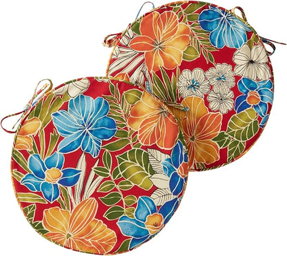 Set of 2 Outdoor 18 inch Round Patio Dining Chair Pads – Comfortable Fiber-Filled Seat Cushions with Ties, Reversible Polyester Fabric - Aloha Red Floral
