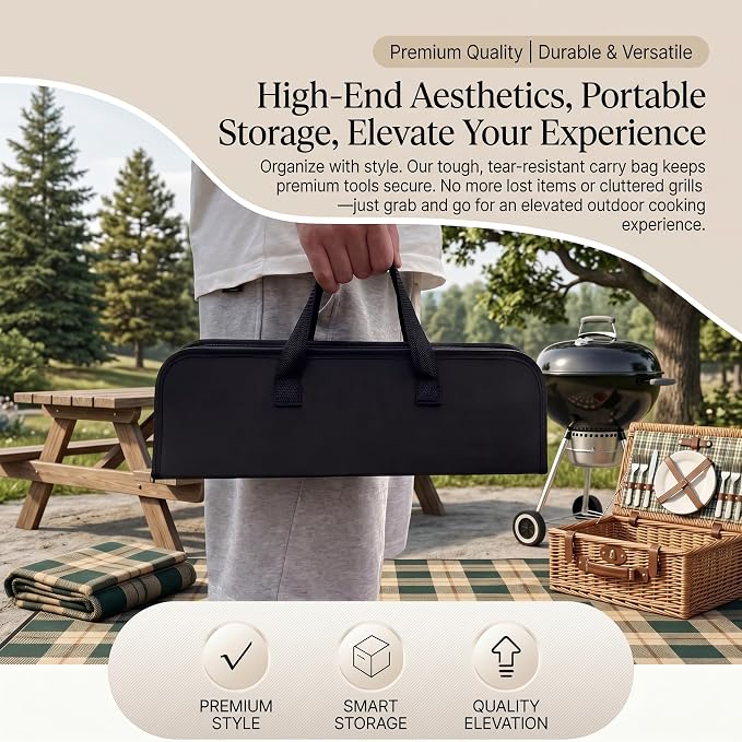 9-Piece Stainless Steel BBQ Tool Set with Carry Bag, Grill Utensils Kit with Spatula, Fork, Tongs, Knife, Skewers, Oil Brush for Outdoor Grill, Camping, Tailgating, Cookouts, BBQ Gifts