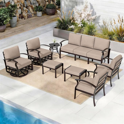 ALAULM Aluminum Patio Furniture Set with 2 Swivel Chairs 9-seat Metal Outdoor Furniture Patio Sectional Sofas Patio Conversation Set w/2 Ottomans for Patio, Backyard, Poolside-Sand