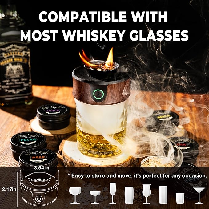 Electric Whiskey Smoker Kit with Torch, Premium Wooden Box, 4 Wood Chips, Ice Molds, Recipes, Cocktail Smoker Kit for Bourbon & Old Fashioned, Ideal Gift for Dad, Husband and Men (No Butane)