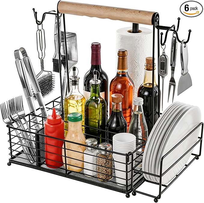 Grill Caddy with Paper Towel Holder, BBQ Caddy for Outdoor Grill, Camping Essentials Picnic Condiment Utensil Organizer, RV Camper Must-Have, Grilling Gifts for Men