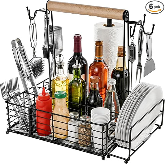 Grill Caddy with Paper Towel Holder, BBQ Caddy for Outdoor Grill, Camping Essentials Picnic Condiment Utensil Organizer, RV Camper Must-Have, Grilling Gifts for Men