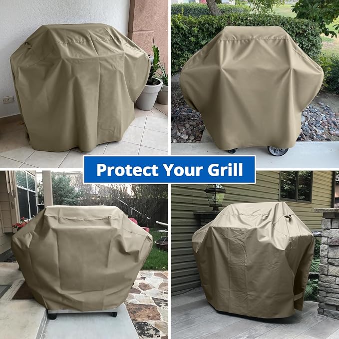 SunPatio Grill Cover 48 Inch for Outdoor Grill, Heavy Duty BBQ Cover with Waterproof Sealed Seam, FadeStop Material, All Weather Resistant Compatible for Weber CharBroil Nexgrill and More, Taupe