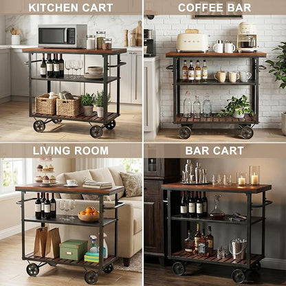 Vintage Rolling Bar Cart on Wheels Industrial Mobile Serving Cart Metal and Wood Design for Kitchen Bar Office Coffee House 36.2" Lx15.75 Wx30.5 H 3 Tier with 2 Side Handle