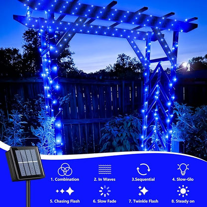 QITONG Solar Fairy Lights Outdoor Waterproof, 2 Pack Each 66ft 200 LED Blue Christmas String Lights, Silver Wire Twinkle Mini Lights with 8 Modes