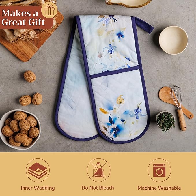 Maison d' Hermine Double Oven Mitts 100% Cotton 7"x35" Double Oven Mitt Heat Resistant BBQ Cooking Gloves with Loop Baking Grilling Kitchen Hotel Home Farmhouse Spring Summer (Lazy Summer Days)