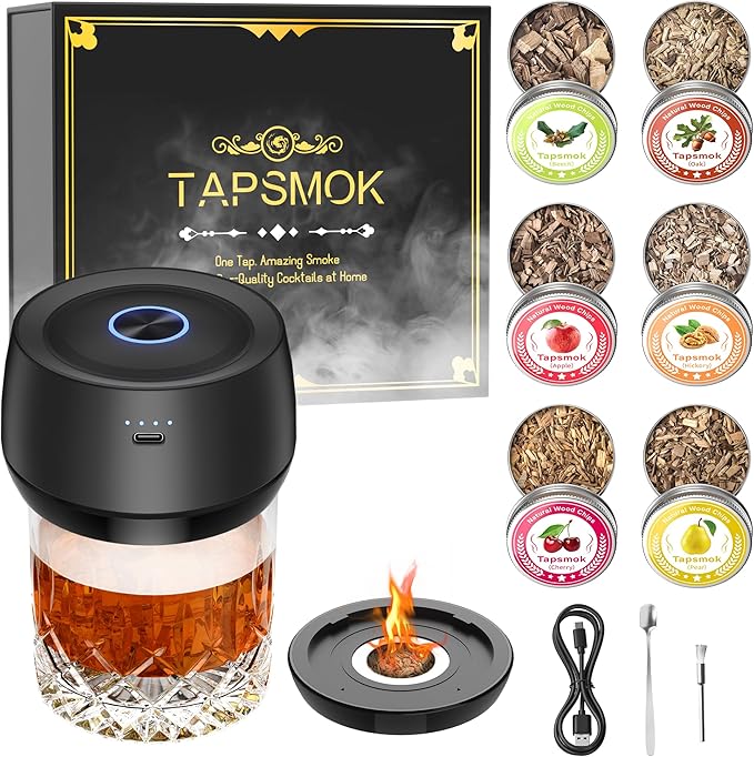 Electric Whiskey Smoker Kit for Old Fashioned & Bourbon: Fathers Day Gift for Men, Dad & Husband | Rechargeable Cocktail Smoker with Built-in Lighter (Butane-Free)| Birthday Gift Includes 6 Wood Chips