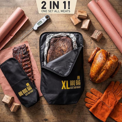 2 Pack BBQ Blanket for Resting Meat & Ribs Bag Bundle, 21" x 15" x 8" and 18" x 8" x 4.5", Insulated Meat Resting Bags, 5-Layer Heat-Resistant Design, Easy-Clean, Heavy-Duty Wide Mouth
