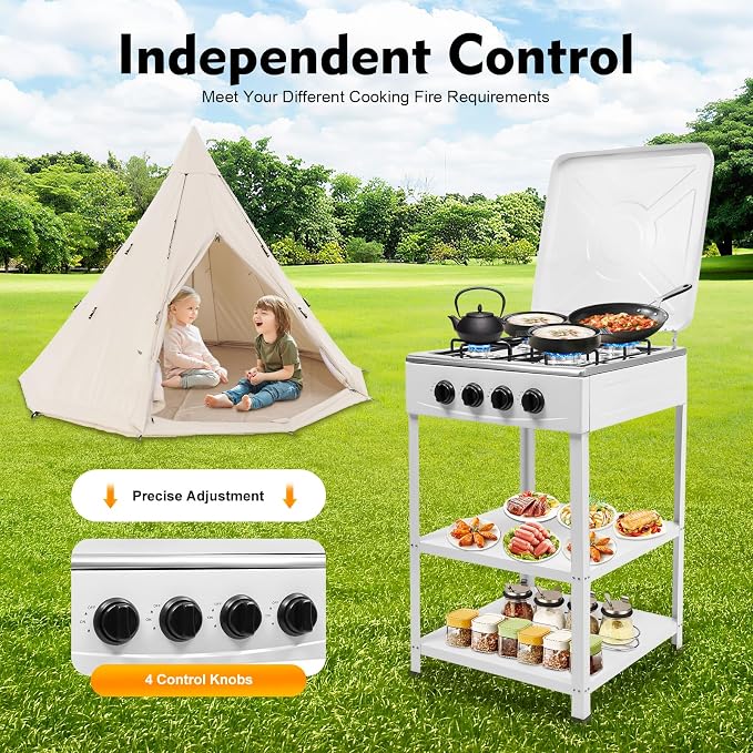 Propane Gas Powered Stove, 4 Propane Burners Outdoor Stove with 4 Control Knobs for Cooking, Portable Freestanding Camping Stove for Stir-fry, Camping, Fishing, Travel