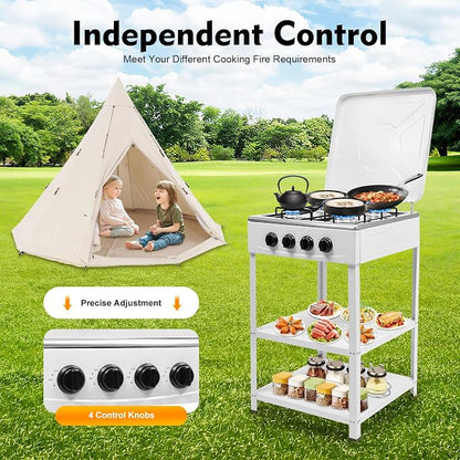 Propane Gas Powered Stove, 4 Propane Burners Outdoor Stove with 4 Control Knobs for Cooking, Portable Freestanding Camping Stove for Stir-fry, Camping, Fishing, Travel