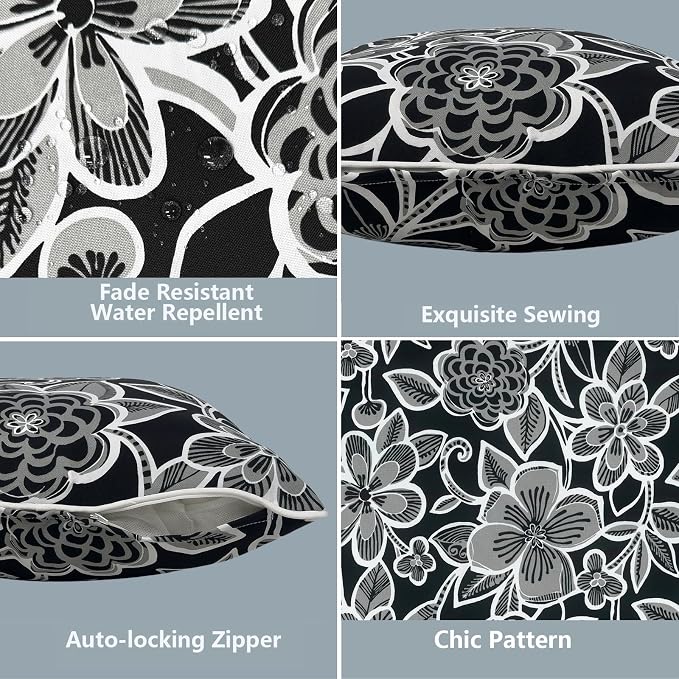 LVTXIII 2 Pack Outdoor Lumbar Pillow Covers 12x20 Inch with Piping, Water-Repellent Back Cushion Covers ONLY for Patio Furniture, Sofa, Garden Bench, Flower Black