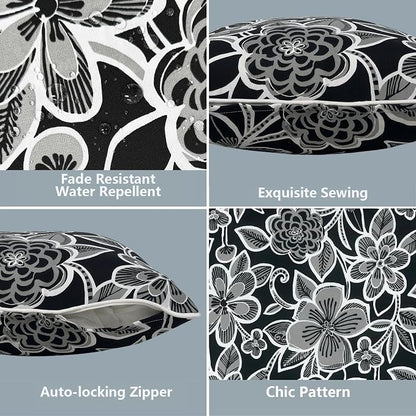 LVTXIII 2 Pack Outdoor Lumbar Pillow Covers 12x20 Inch with Piping, Water-Repellent Back Cushion Covers ONLY for Patio Furniture, Sofa, Garden Bench, Flower Black